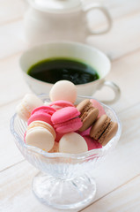 French macaroons. Coffee, chocolate, vanilla and raspberry