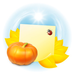 Note with autumn leaves and pumpkin