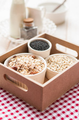 Healthy breakfast with greek yogurt, pecans , Muesli and chia seed