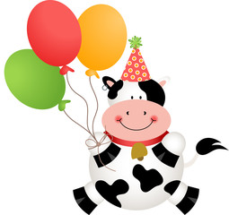 Funny birthday cow with balloons