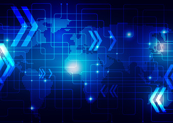 World Map with Technology Dark Blue Background