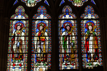 Stained glass windows inside the treasury of  Notre Dame Cathedral, UNESCO World Heritage Site. Paris, France