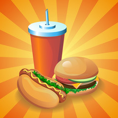 Vector fast food cartoon poster. Illustration for menu card with hamburger, hot dog and drink.