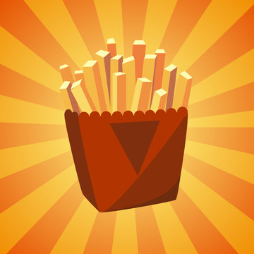 Bunch of French fries potato in bucket. Colorful cartoon fast food icon. Beautiful menu design element made in vector. All the elements are grouped and easy editable.