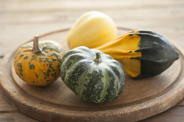 beautiful decorative and colorful pumpkins on a brown wooden board; 