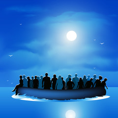 Refugees on pontoon boat