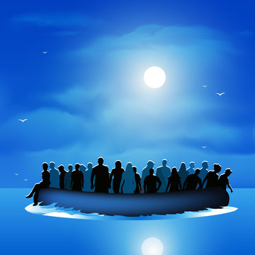 Refugees on pontoon boat
