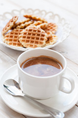 Breakfast with coffee and homemade waffles,shallow focus