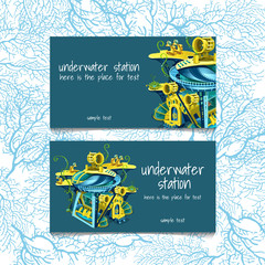 Two cards with underwater stations and text 