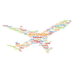 oncept or conceptual colorful plane silhouette travel tourism text word cloud