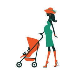Fashion mom with baby in pram under umbrella