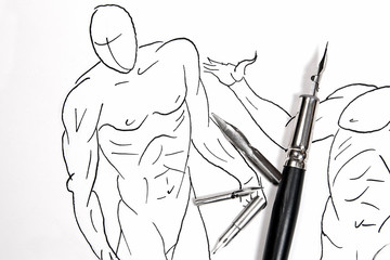 Ink pen with original drawing on background.