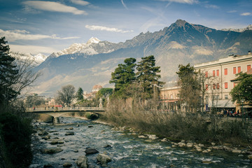 View of the city of Merano in vintage style. South Tyrol. Italy - obrazy, fototapety, plakaty
