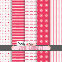 Set of white and pink dotted, stripes and chevron seamless patterns