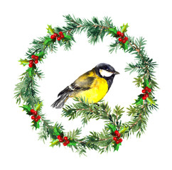 New year wreath - fir, mistletoe and tit bird. Watercolor 