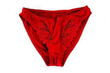 Red thong panties on white background