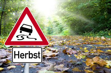 Herbstlaub auf Straße, Rutschgefahr, Glätte, Straßenglätte, Sonne, tiefstehende Sonne,...