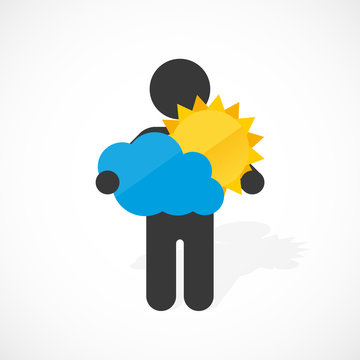 black silhouette of a man holds sun and cloud