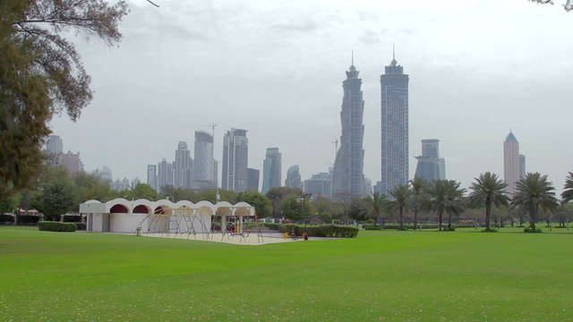a children's playground and the skyscrapers