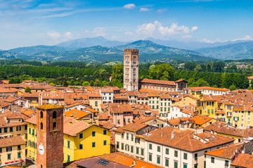 View over Italian town Lucca with typical terracotta roofs