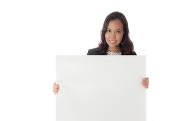businesswoman  holding a blank banner ,asian woman isolated on w