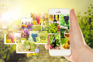 Hand holding smart phone with streaming images