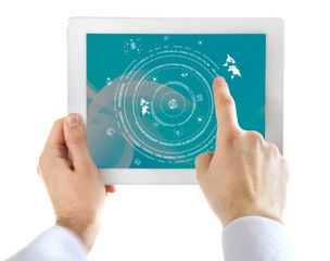 Businessman hand pushing business graph on tablet-pc.  Futuristic button