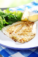 Dish of fish fillet with lettuce and lemon on table close up