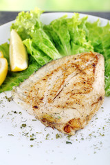 Dish of fish fillet with greens and lemon on plate close up