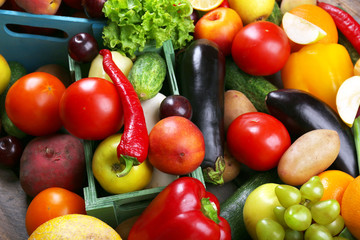 Heap of fresh fruits and vegetables close up