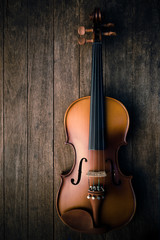 Violin on wood background. Top view.