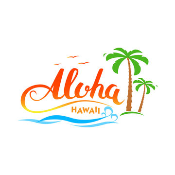 Aloha Hawaii handmade tropical exotic t shirt graphics. 'Aloha Hawaii' calligraphy words with palms, ocean and birds.  Summer apparel print design. Travel souvenir idea. Vector illustration.