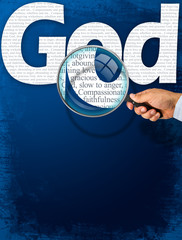 The name GOD under observation with magnifying glass