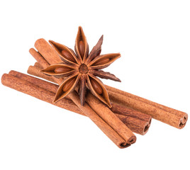 cinnamon stick and star anise spice isolated on white background