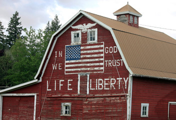 Patriotic Red Barn with Painted American Flag