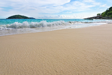 Beautiful landscape blue sea white sand and waves on the beach during summer at Koh Miang island in Mu Ko Similan National Park, Phang Nga province, Thailand