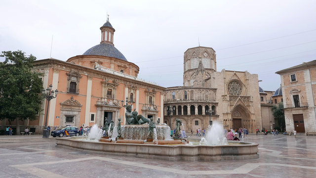 The Turia Fountain in the Plaza de la Virgen in Valencia, Spain.