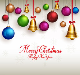 3D Realistic Merry Christmas Greetings with Hanging Colorful Bells and Balls in Snow Background. Vector Illustration
