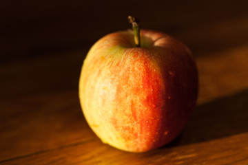 apple on table illuminated by afternoon sunbeam