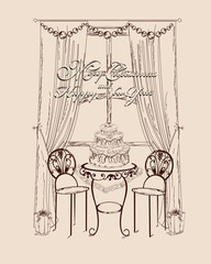 Background with sweets and cakes inside cafe