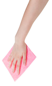 hand with pink cleaning cloth isolated on white