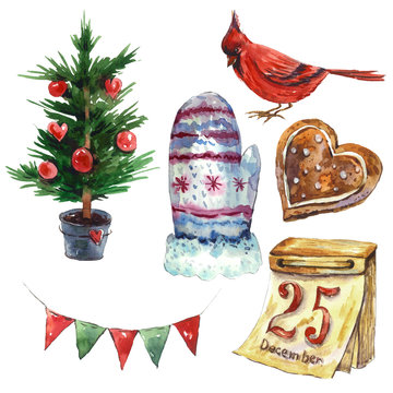 Watercolor vintage Christmas set, holiday illustration