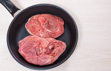 Raw meat  in a frying pan