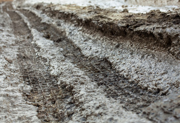 Wheel tracks on the muddy dirt road