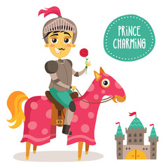 Funny knight on a horse - Prince Charming - with a flower and small castle