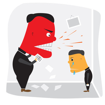 Angry boss with red face shouting at employee