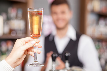 Professional male bartender is serving customer in pub