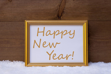 Golden Frame With Text Happy New Year On Snow