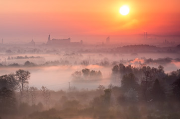 Fototapeta Morning panorama of Krakow old town, Poland, from Bodzow artillery fort obraz