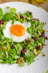 Fresh salad with nuts, raisins and fried egg